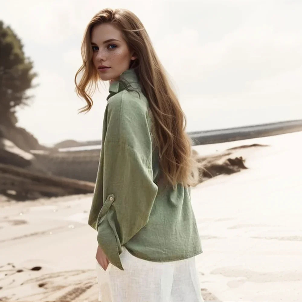Europe and the United States wind solid colour loose womens linen shirt long-sleeved button up chic blouse womens fashion 250402