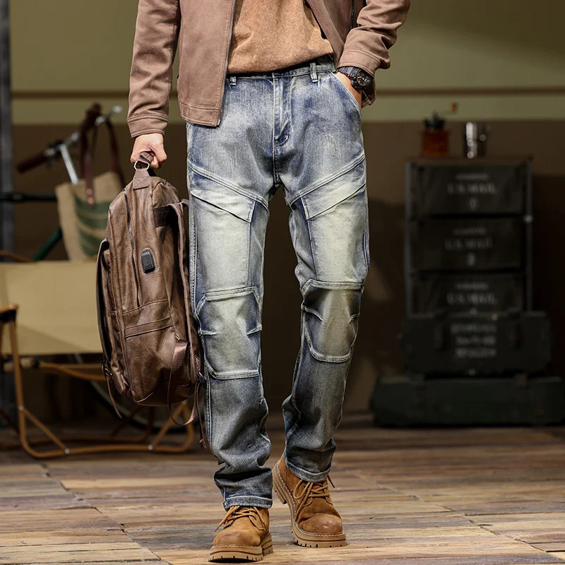 Nostalgic multi pocket work jeans mens stretch plus size slim fit military style jeans punk rock straight jeans 40 42 44 250402