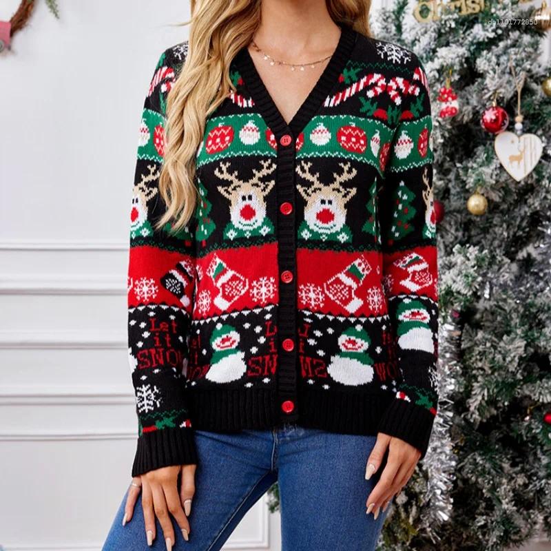 Women's Knits Merry Xmas Holiday Look Knitted Sweater Cartoon Print Full Sleeve Christmas Cardigans Knitwear Warm Soft Jacket Coat Top
