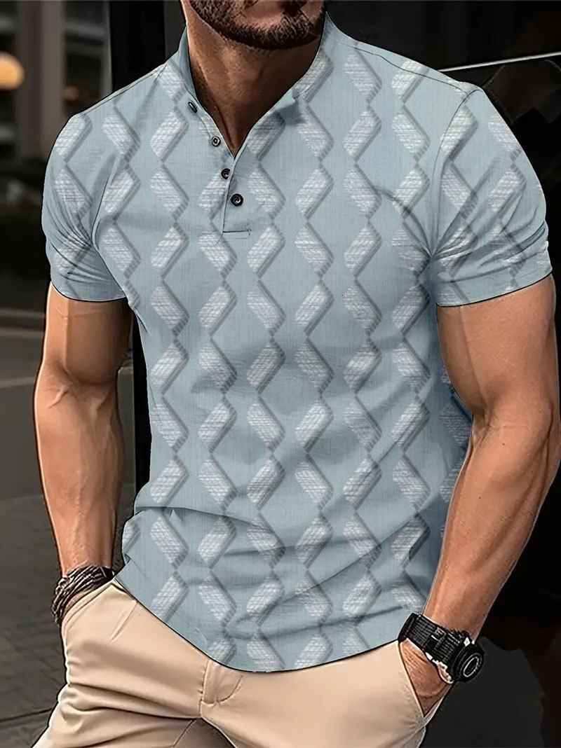 2024 Mens 3D Digital Printed Casual Buckle Short Sleeve T-shirt Polo Top