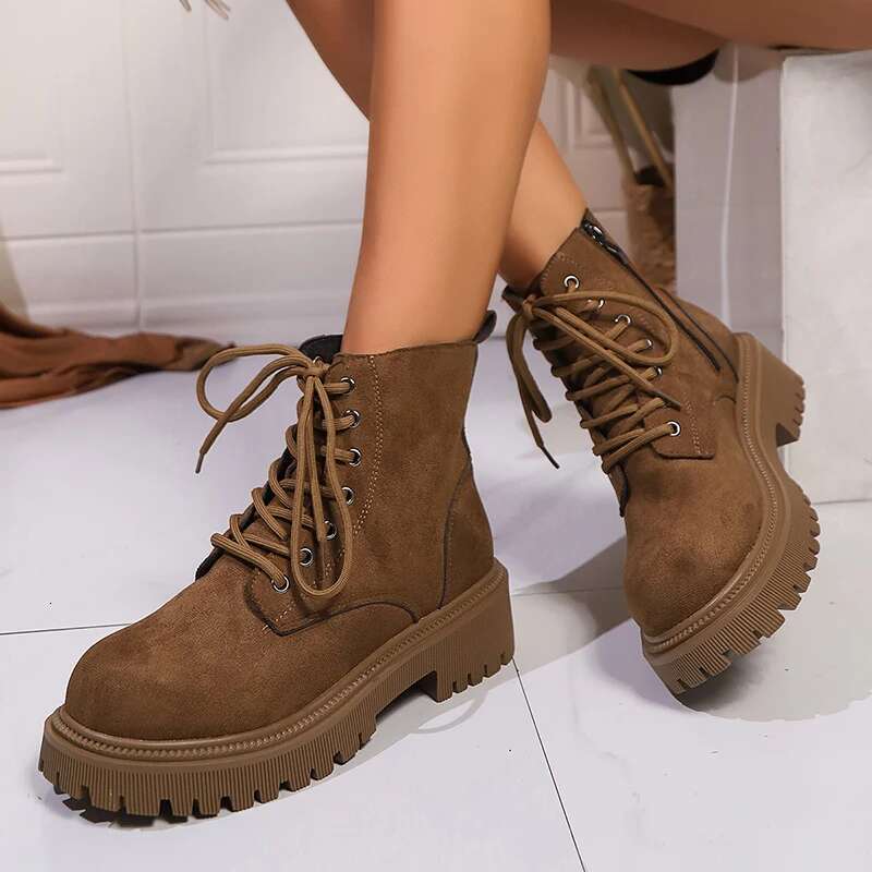 Retro Chunky Platform Ankle Women 2025 Spring Lace Up Brown Combat Boots Woman Faux Suede Low Heels Short Botas Mujer