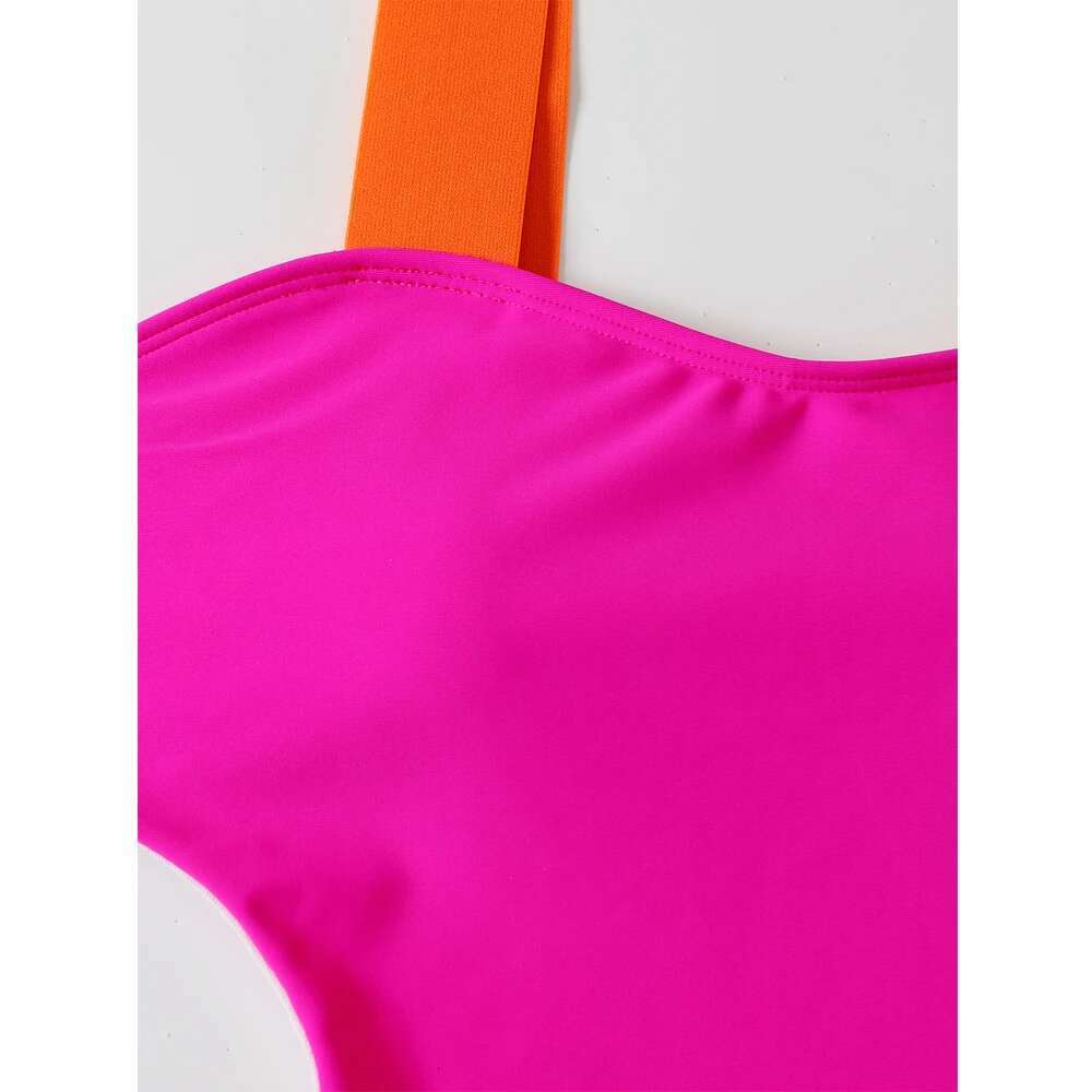 Color Block One-piece Swimsuit 2023 Women Neon Bandage Bikini High Waist Hollow Out Swimwear Rose Red Slim Backless Monokini