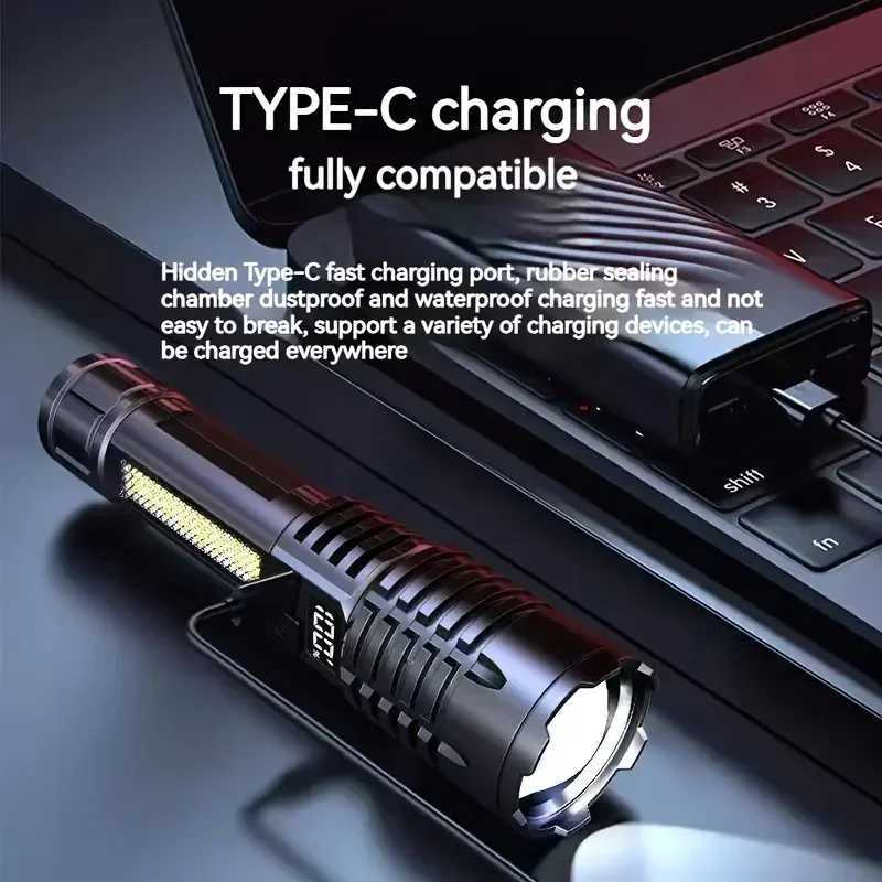 High Power LED COB Flashlight Built-in Large Capacity Battery Rechargeable Torch For Outdoor Camping Emergency Zoom LanternW251106