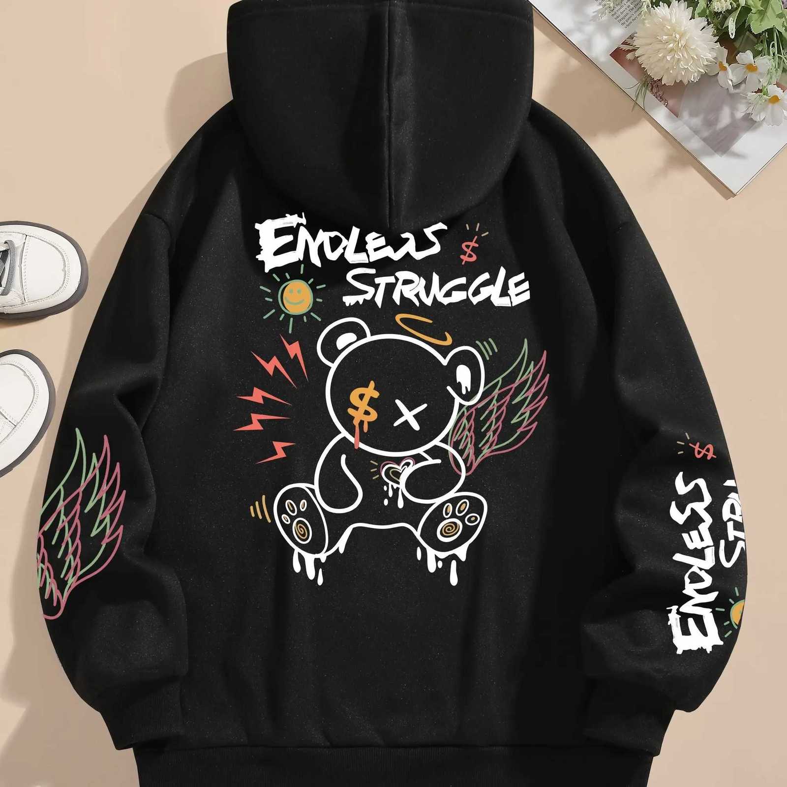 Personalized bear print hoodie for autumn and winter couples casual pullover sweatshirt fashionable and comfortable hoodie S-3XL W251106