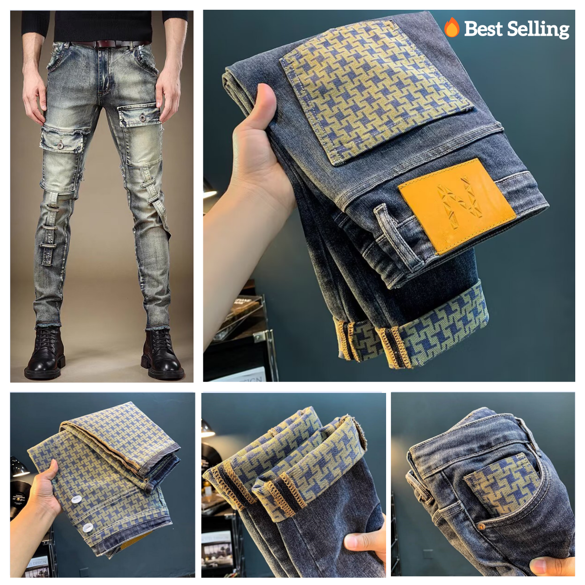 Designer Men's Jeans Spring Trendy For High End Light Luxury Design Fashion High Quality Thousand Grids Print Elastic Casual Straight Fit Loose C