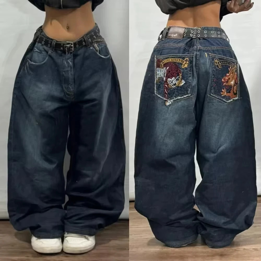 American Fashion Trend Joker Pattern ed Loose Jeans Women Street Y2K Hip Hop Oversized Wideleg Pants Unisex Z260313