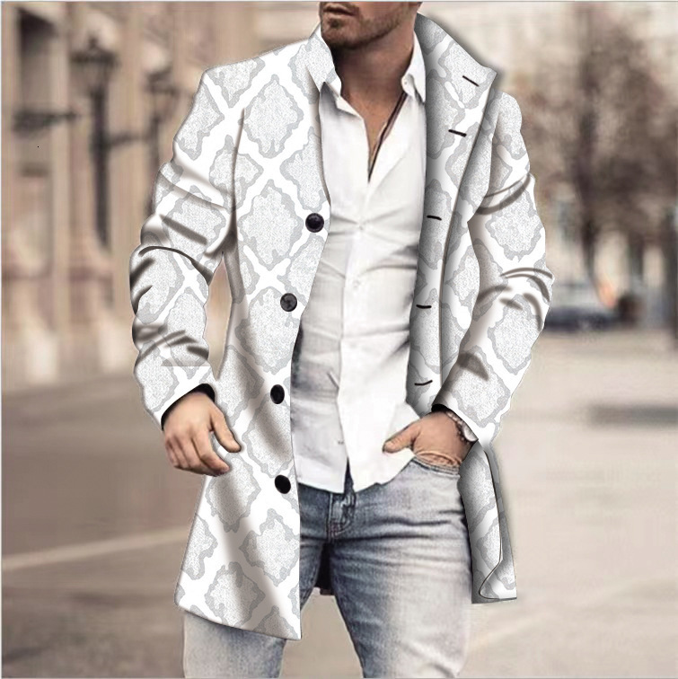 New autumn and winter mens digital printed woolen stand collar mid to long casual pocket coat jacket