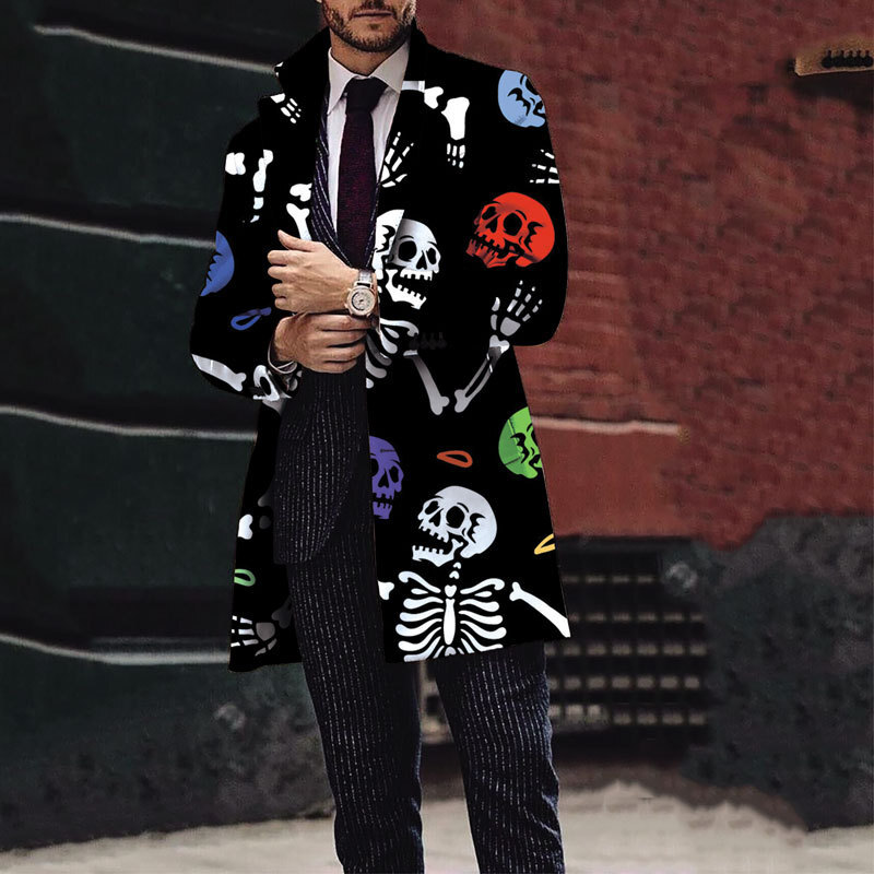 2024 Autumn/Winter New Mens Halloween Printed Woolen Medium to Long Coat Mens Woolen Coat
