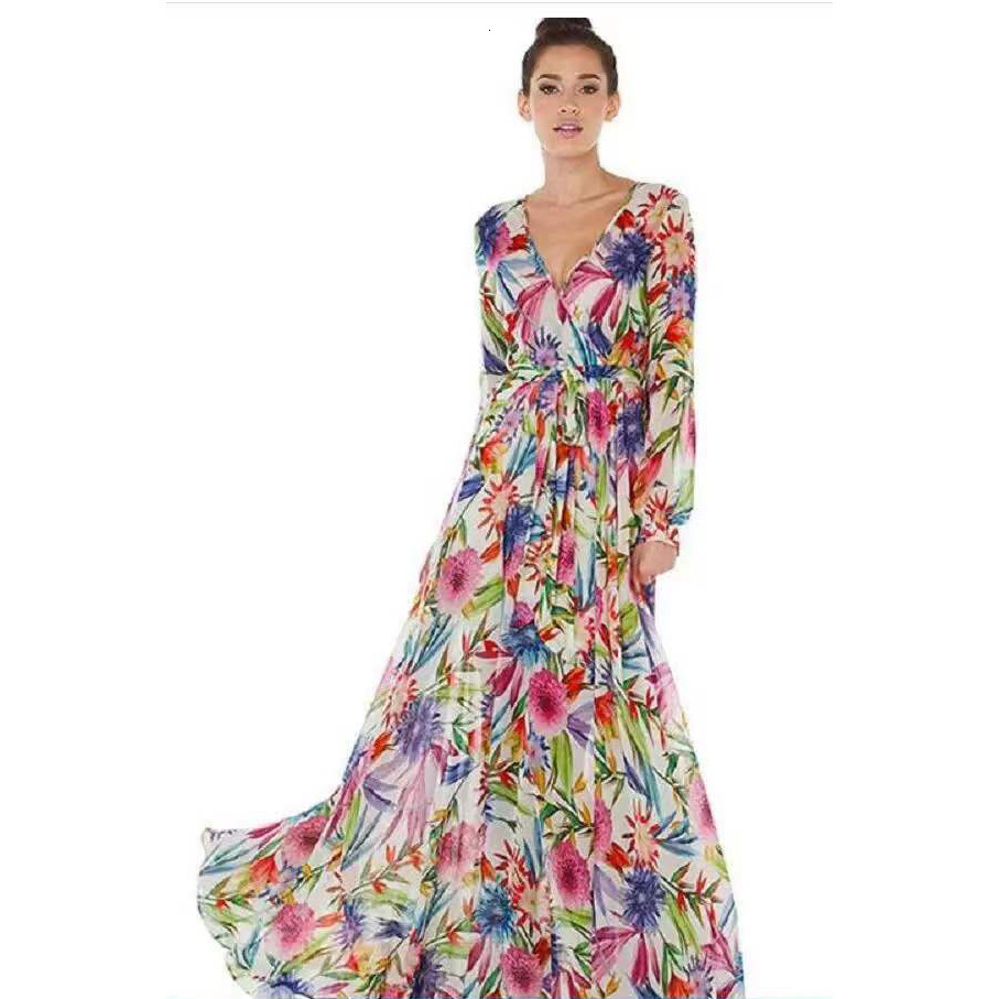 2025 Spring/summer New European Womens Wear Beautiful Dress Lantern Sleeve Printed Sexy V-neck Leaf Swing Skirt