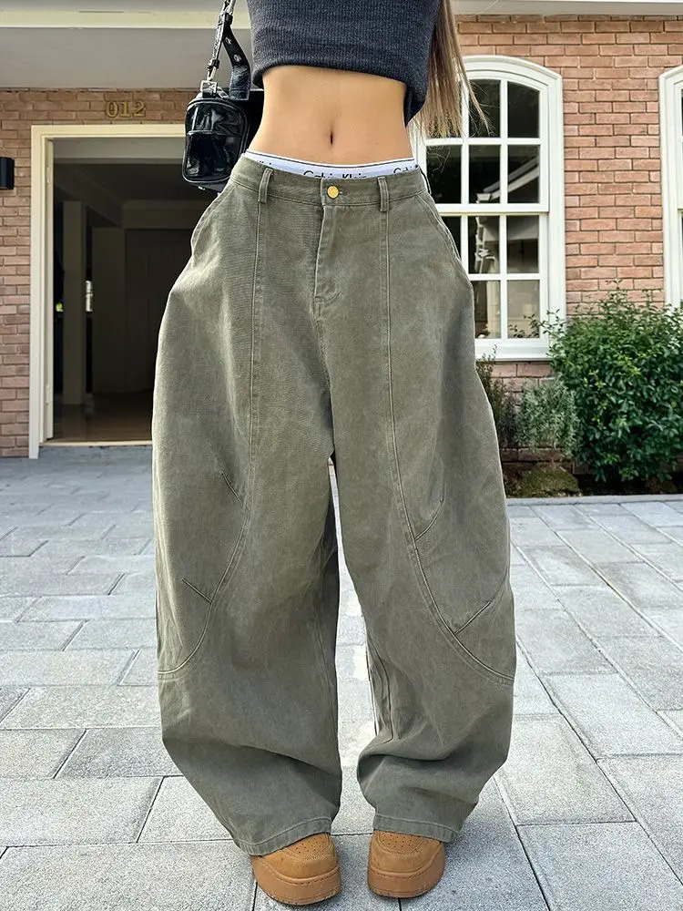 HOUZHOU Y2K Vintage Wash Women Cargo Jeans Harajuku Scimitar Wide Leg American Retro Denim Pants Baggy Trousers Gyaru Streetwear Z260313