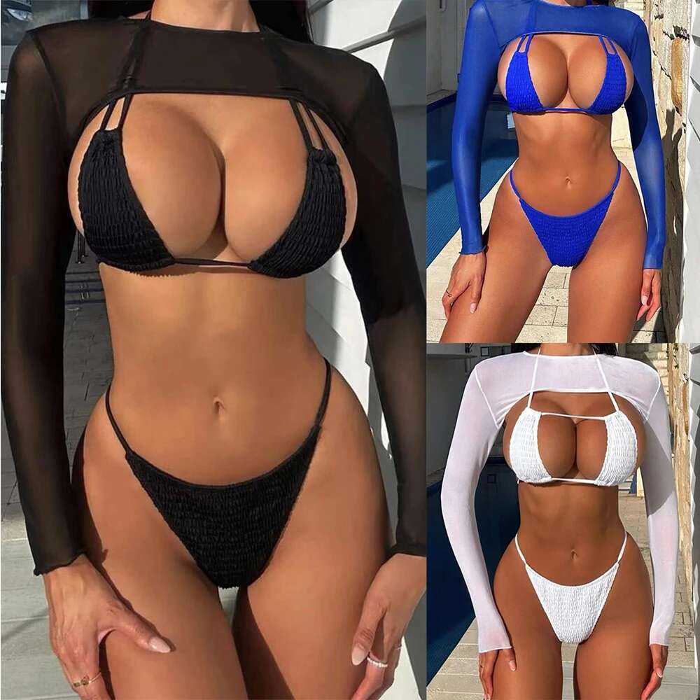 2023 Solid Color Swimsuit Women Long Sleeve Mesh 3-Piece Bikini Sexy Hollow Out Bathing Suit Swimwear Summer Backless Beachwear