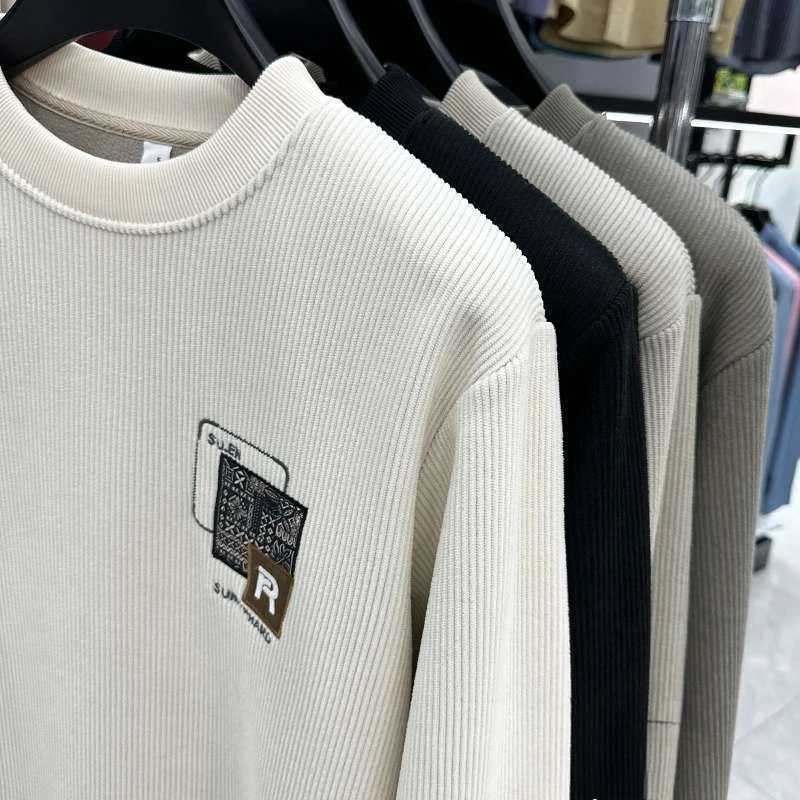 Winter Thicken Fleece Crewneck Sweatshirt Mens Corduroy Sherpa Lined Letter Print Pullover Sportswear Streetwear No Hood Hoodie W251106