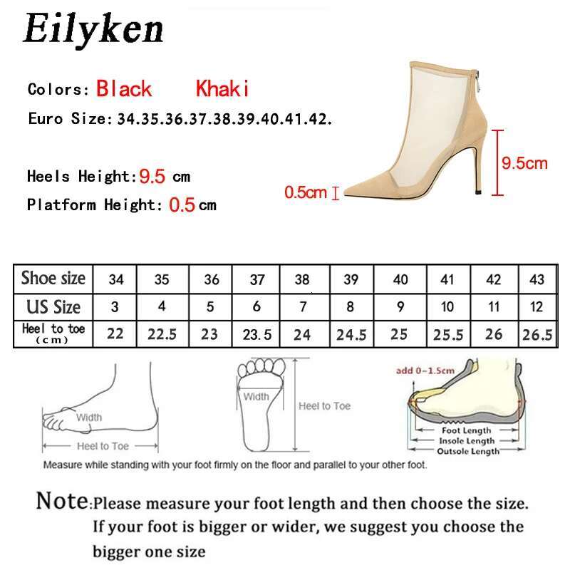 Eilyken Spring Autumn Sexy Mesh Women Ankle Boots Pointed Toe Fashion Zip Ladies Party Stiletto High Heels Shoes Size 34-40