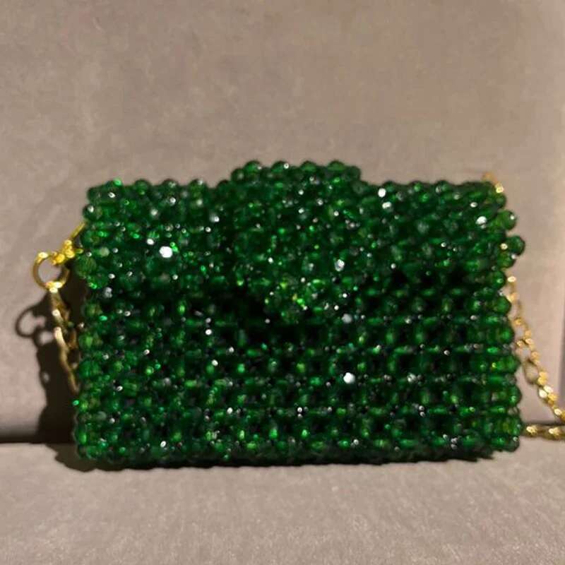 Acrylic Hand Woven Beaded Small Square Messenger Bag Handmade Box Vertical Mini Dinner Evening Crossbody Bags Purse Metal Chain