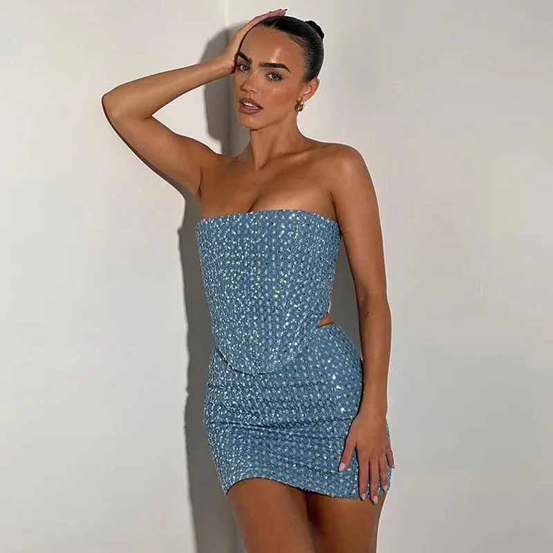 HXAO womens blue sequined denim 2piece set sexy strapless top fashion mini skirt coarse tweed summer nightclub 250403