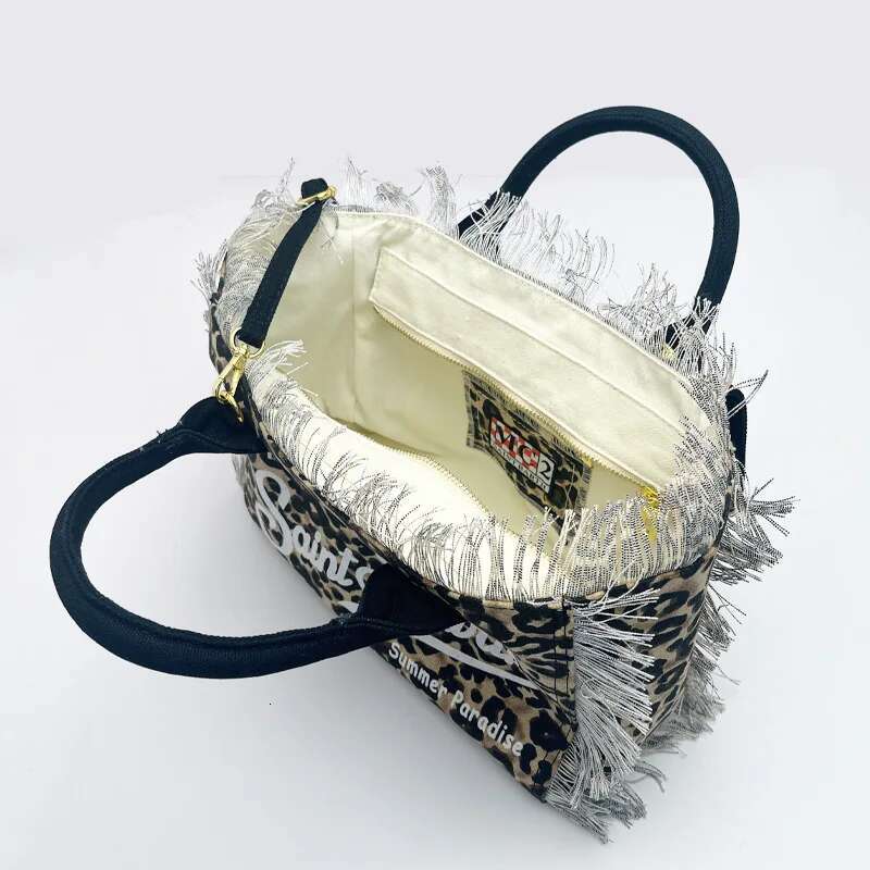 SAINT BARTH 2025 New I Women's Large Capacity Leisure Travel Leopard Pattern Small Canvas Handmade Tassel Handbag Tote Bag