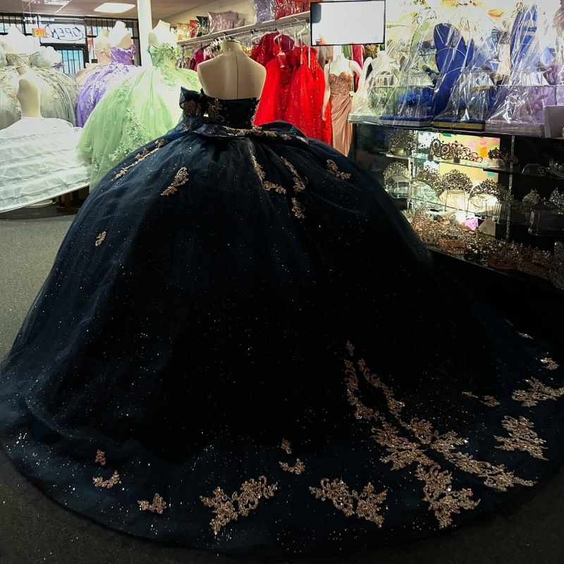 Navy Blue Quinceanera Dresses Off Shoulder Ball Gown Sweet 16 Dress Applique Lace Bow Beads Tull Birthday Party Vestidos 15 De Anos