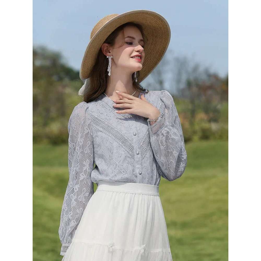 Hollow Out Lace Tops Female Autumn New Blue French V-Neck Puff Sleeve Beautiful Solid Women Shirts 2