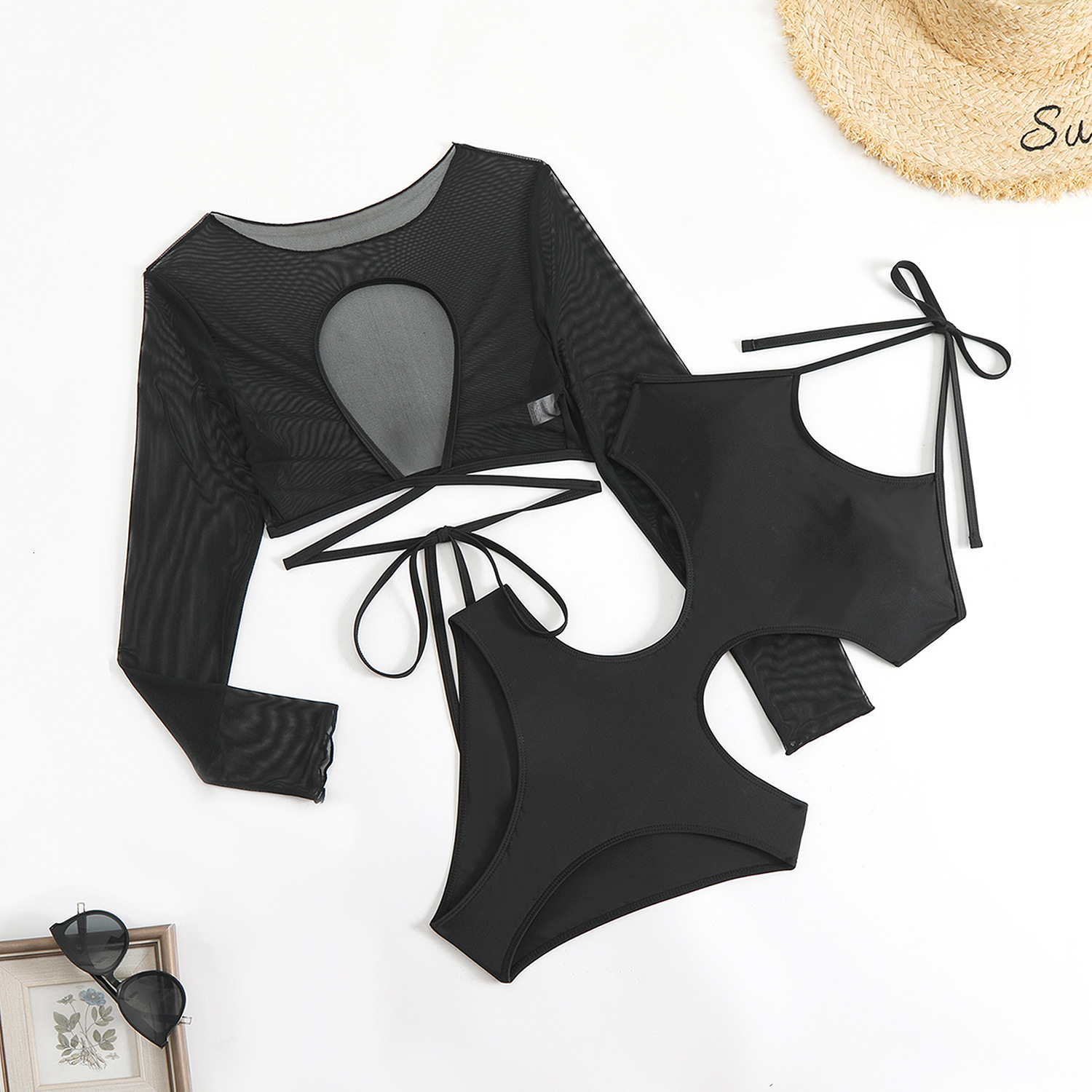 2025 New Conjoined Triangle Bikini Solid Color Sexy Mesh Long Sleeve Hoodie Holiday Set Swimsuit for Women