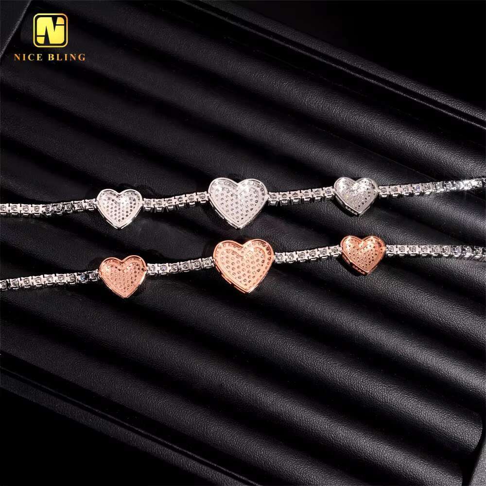 Fine Hip Hop Jewelry GRA Certificate Iced Out Custom 3mm White VVS Moissanite Heart Tennis Chain 925 Silver Link Chain Bracelet