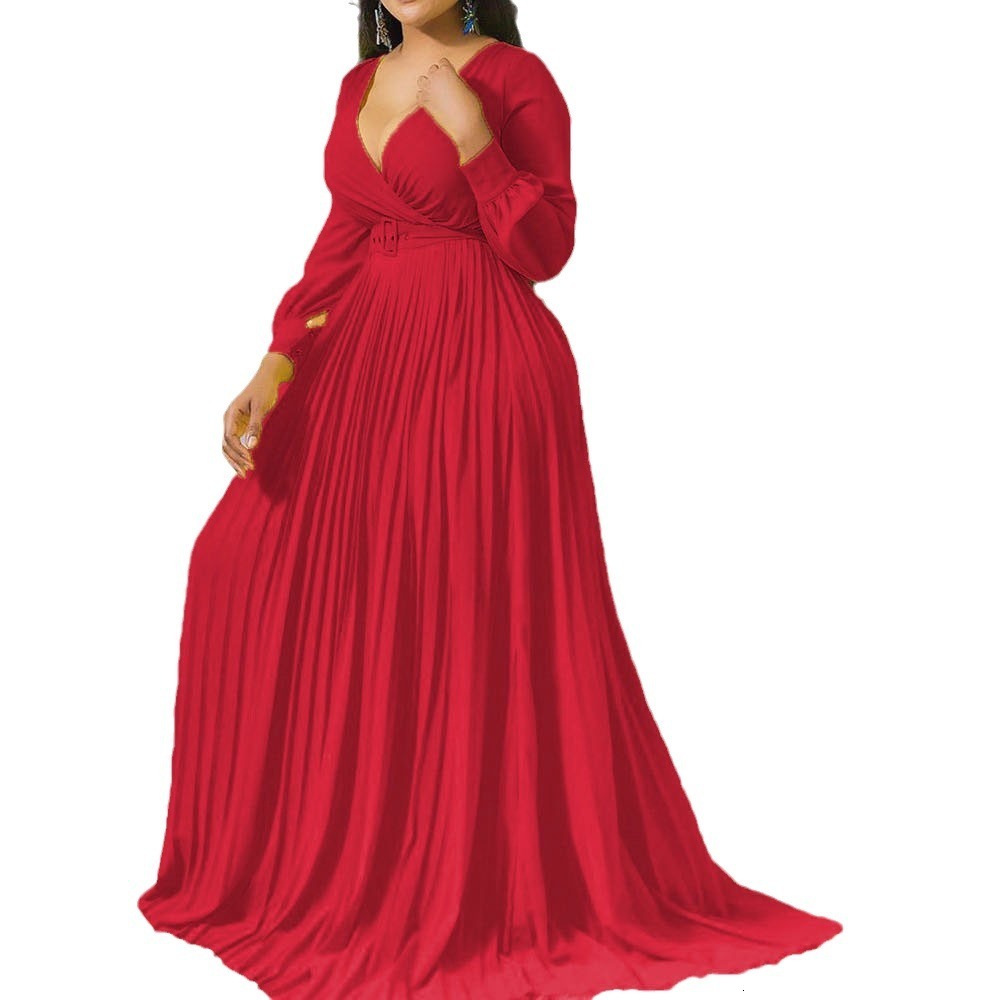 2025 Plus Size Womens Deep V-cross Pleated Front Chest and Lower Skirt Solid Color Pleated Big Swing Dress