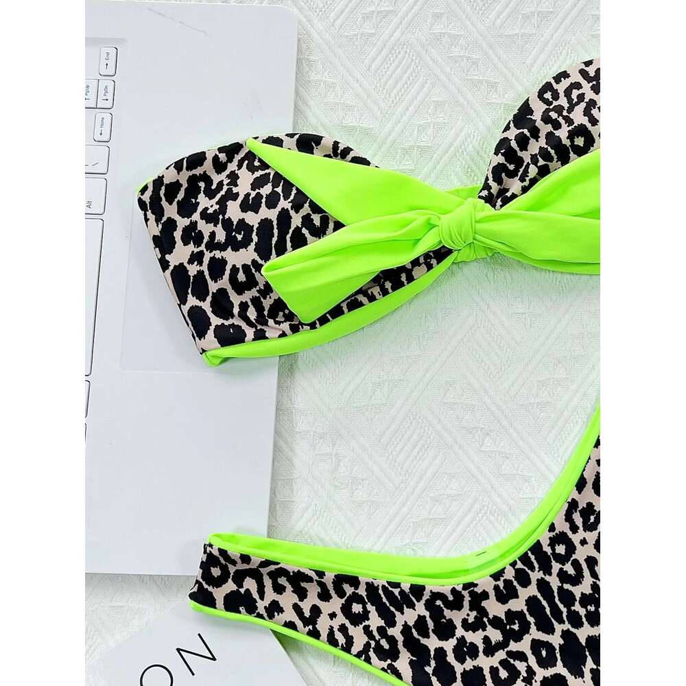 Leopard Print 2 Piece Swimsuit 2025 New Sexy Neon Green Color Contrast Bathing Suit Strapless Backless Bikini Set Summer
