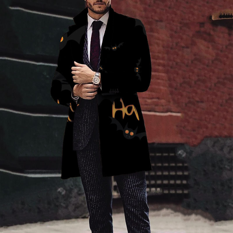 2024 new mens Christmas and Halloween printed woolen medium long coat mens woolen coat