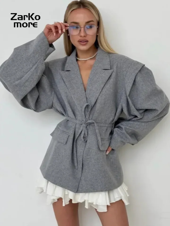 Elegant Grey Lace Up Womens Blazer Button Long Sleeve Lapel Suit Jackets Autumn Lady Loose Casual Outwear 251106