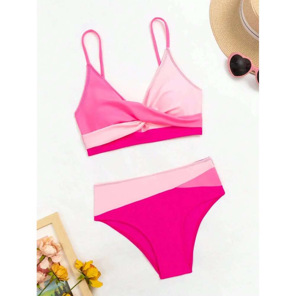 Rose Red Patchwork 2 Piece Swimsuit for Women,high Waist V-neck Suspender Backless Bikini Set,summer Beach Vacation Swimwear New