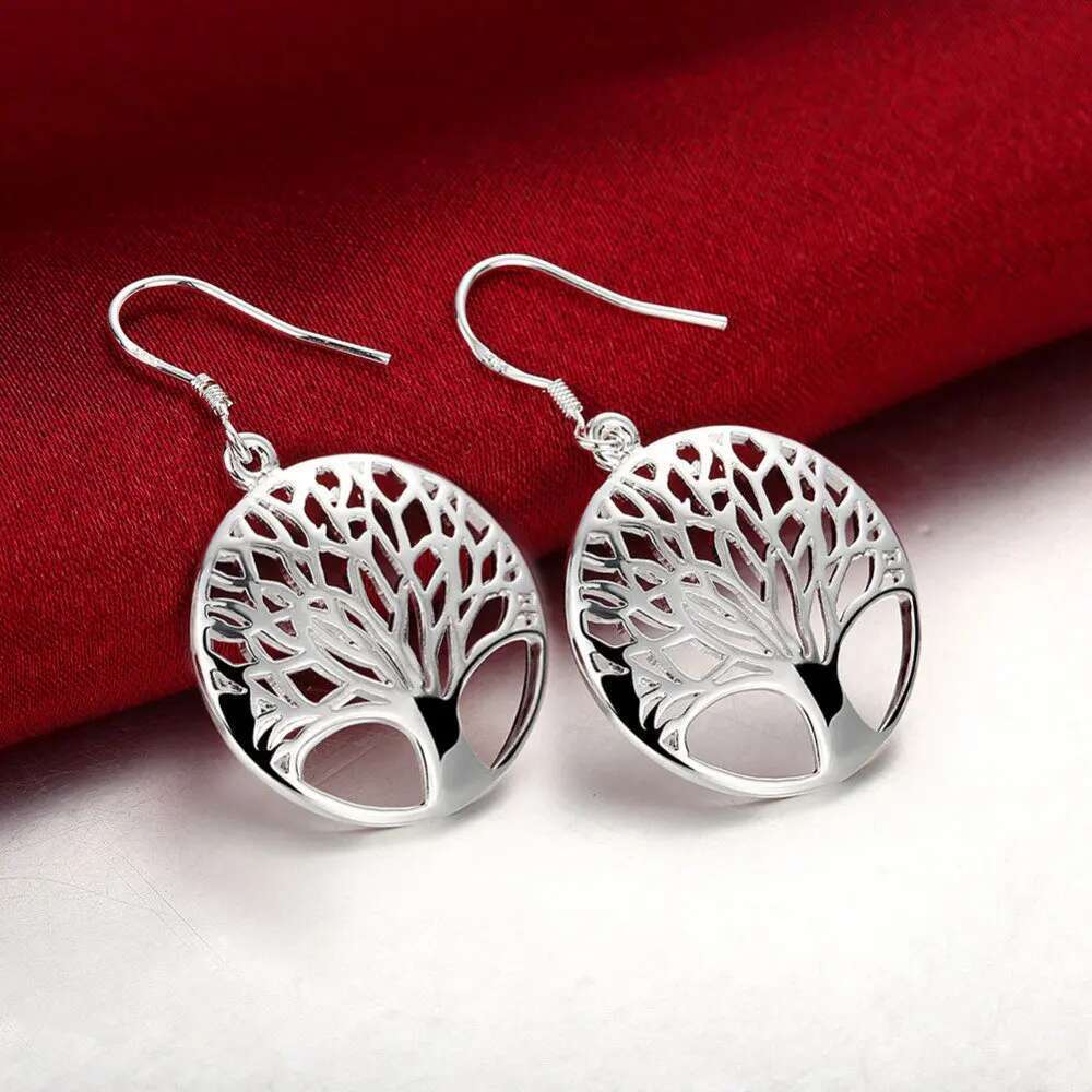 Sterg Sier Charm Round Tree of Life Earrings Necklace For Women Fashion Wedding Christmas Jewelry Set