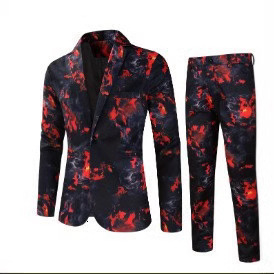 Mens digital printed casual one button suit set top and pants