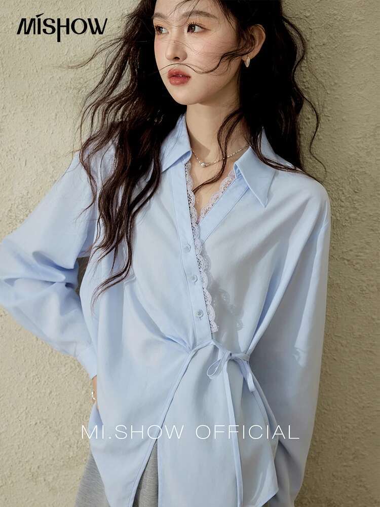 MISHOW Women's French Lyocell Shirt 2025 Spring Lapel V-neck Patchwork Lace Tops Diagonal Placket Lace-up Commute Top MXE11C0389