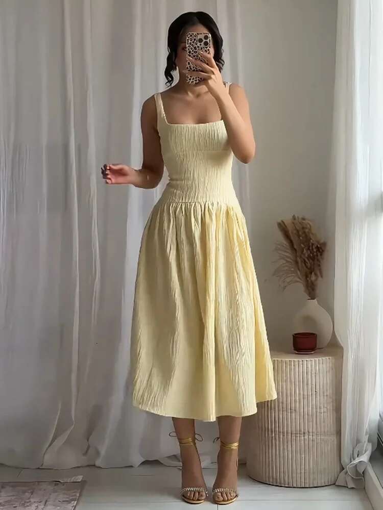 2025 RARA Summer New Arrival Ladies Textured Midi Casual Temperament Elegant Square Neck Slim Dress