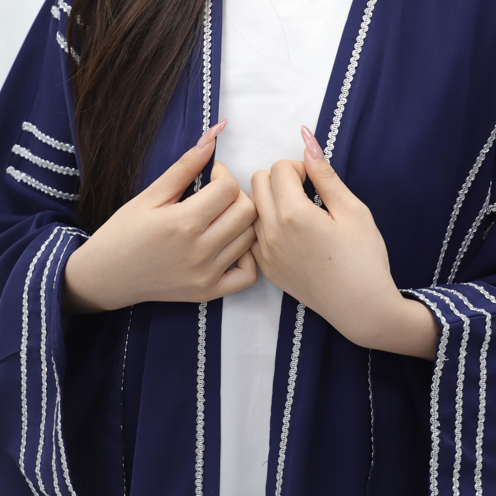 Dubai Women's Solid Color Ribbon Trimmed Long Robe Cardigan Abaya Maxi Dresses Islamic Clothing