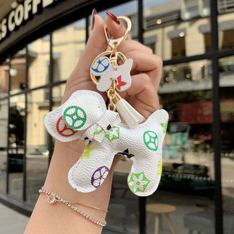 Leather Plush Dog Bowknot Coin Holder Keychain, Gender Neutral Animal Plush Keychain with Leather Strap and Metal Hardware, Bag Pendant Car Hanging Or - view 7