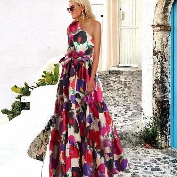2025 New Womens Digital Printed Leaf Splicing Off Shoulder Printed Long Skirt Dress
