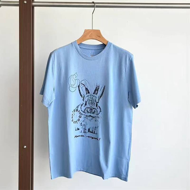 2025 Summer Fashion Letter Rabbit Print T-shirt Round Neck Loose Cotton Blue Short Sleeve T-shirt Round Neck Top