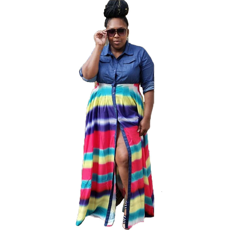 2025 New Womens Dress Denim Woven Striped Printed Large Swing Long Skirt