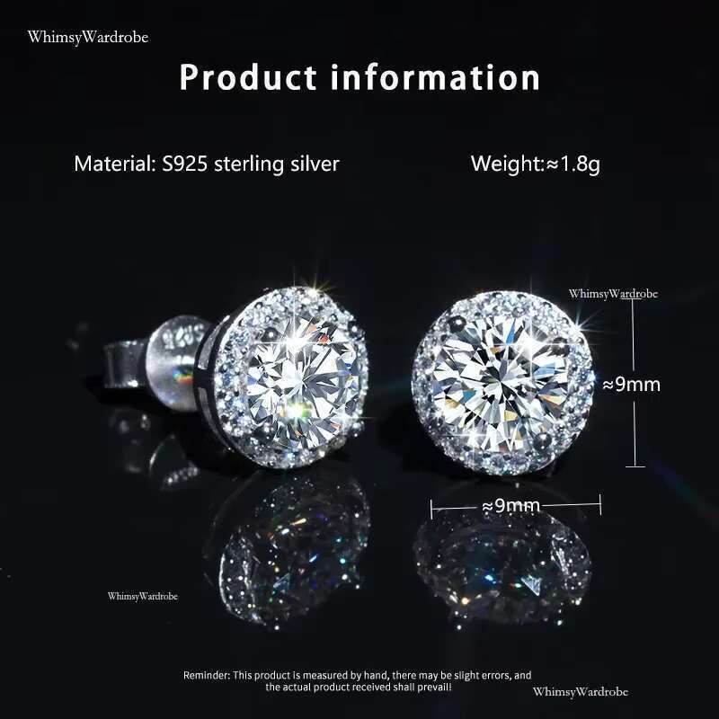Hip Hop Classic Sier VVS D Color 1CT 2CT Moissanite S Full Dia Earrings for Women Wedding Jewelry
