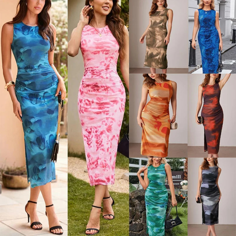 Spring/summer slim fit sleeveless gradient dress sexy spicy girl print bag Hip Slit Skirt 250401