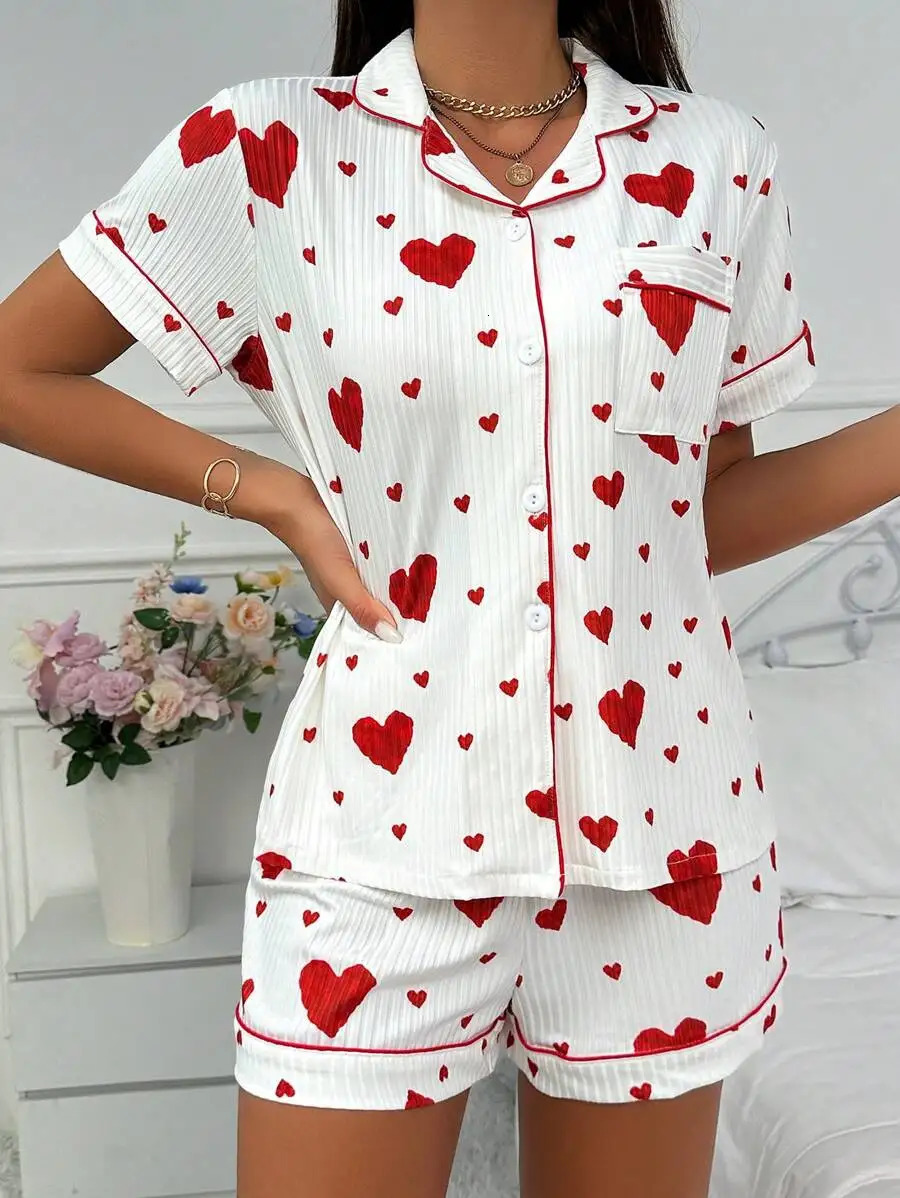Heart Print Pajama Set Casual Short Sleeve Buttons Lapel Top Elastic Shorts Womens Sleepwear breathable soft Nightwear Homewe 250402