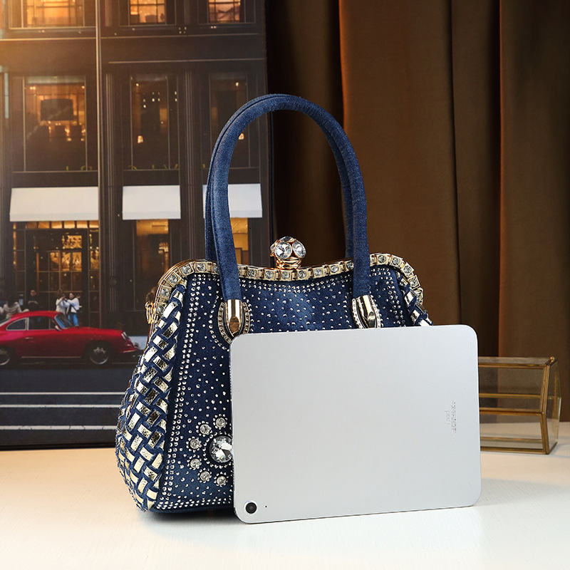Fashionable Commuting Denim Diamond Inlaid Large Capacity Women's Trendy Single Shoulder Crossbody Bag, Clip Bag