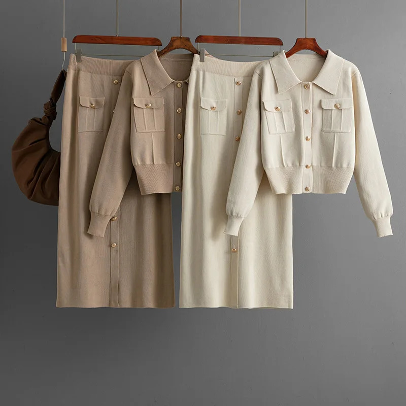 Autumn Winter Polo Collar Fashionable Temperament Set Womens Sweater Cardigan Top Knitted Casual Skirt Twopiece 251105