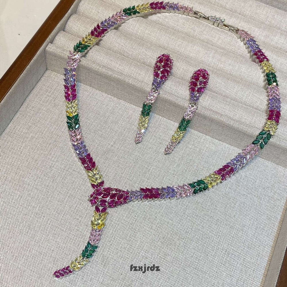 Luxurious Heavy Craft Necklaces Pink Prom Performance Mixed Color Micro Inlaid Party Dress Matching Elegant Earrings Set