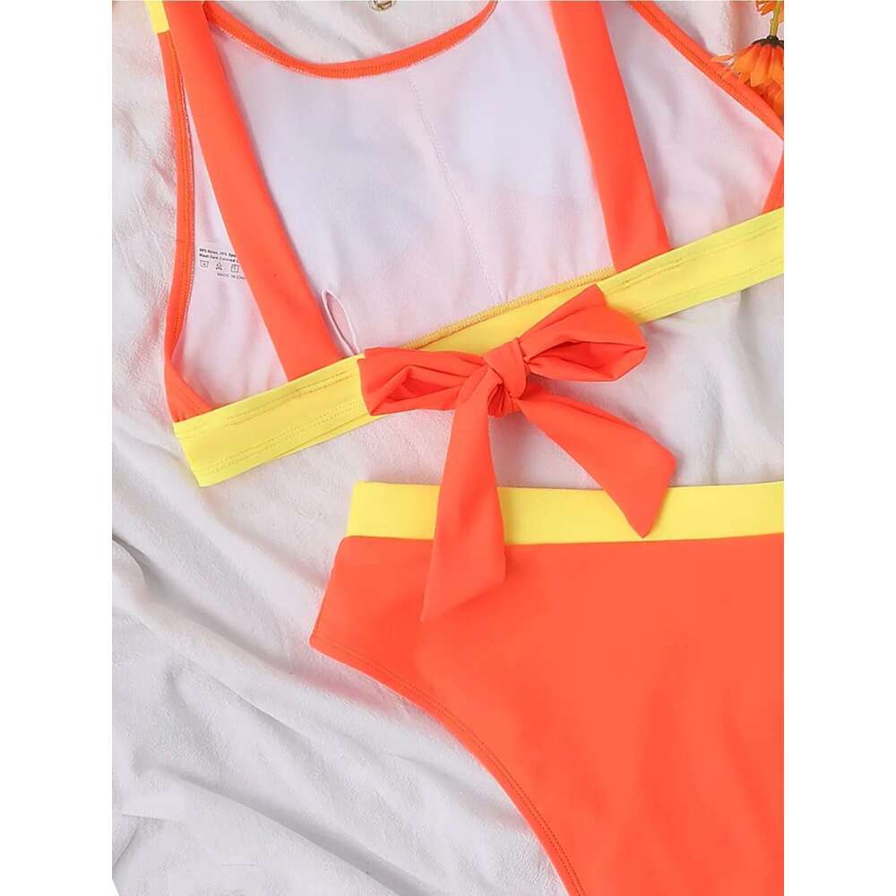 Orange Patchwork Two Piece Swimsuit Women's High Waist Bandage U-neck Bikini Set Suspender Lace-up Backless Beach Swimwear 2024