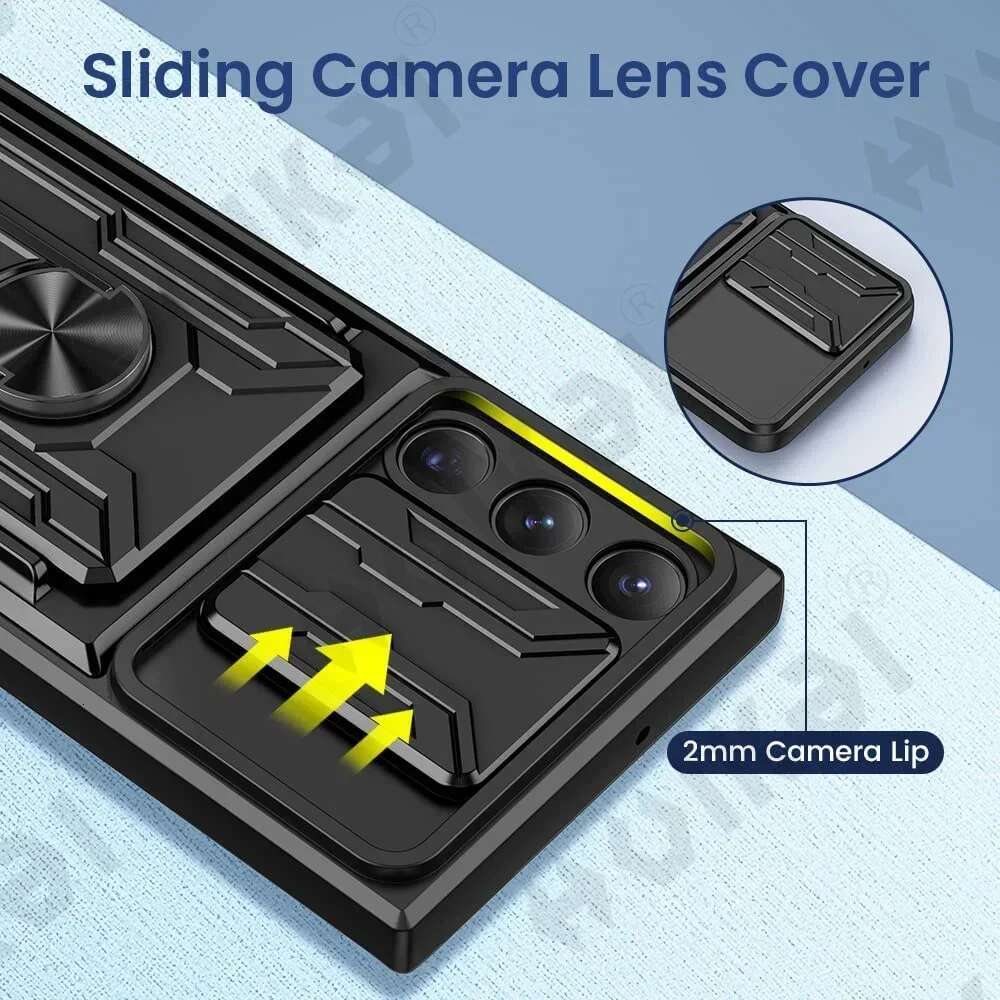 Case For Samsung Galaxy S25 S24 S23 S22 S21 Ultra Plus S20 FE A55 A35 A56 A36 4G 5G Slide Camera Card Holder 360° Ring Cover
