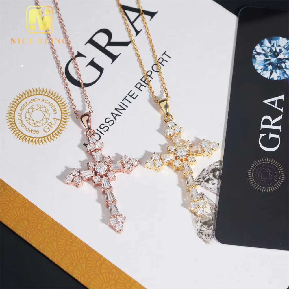 Pass Tester Classic Iced Out Hip Hop Style Link Chain 925 Silver VVS Moissanite Diamond Women Jewelry Cross Pendant Necklace