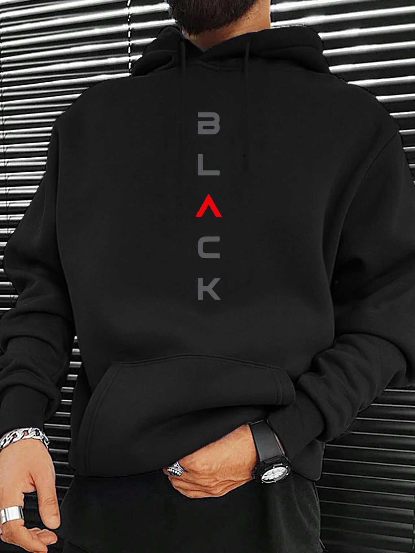 Mens autumn and winter casual fashion loose BLACK letter pattern printed long sleeved hooded sweatshirt warm pullover W251106