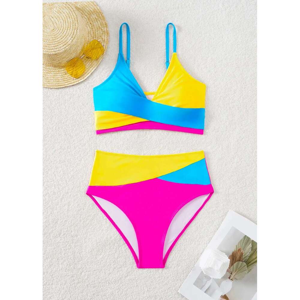 Rose Red Patchwork 2 Piece Swimsuit for Women,high Waist V-neck Suspender Backless Bikini Set,summer Beach Vacation Swimwear New