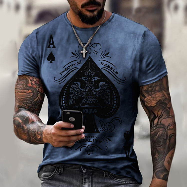 Mens T-shirt with loose and casual personality new poker card print mens top T-shirt in large size